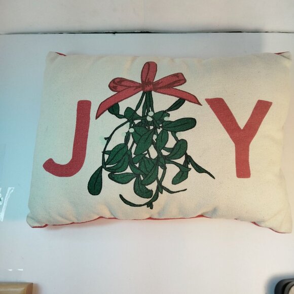 Joy Throw Pillow Cushion Mistletoe Holiday Christmas 14 x 10 Red  Green - Picture 1 of 5